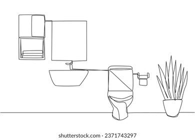 Einzelne durchgehende Linie Zeichnung stilvolles Badezimmer mit vollem Mobiliar modern. Gut gepflegtes Bad mit trockener Badewanne. Hygienisches Bad. Einfaches Design-Interieur. Sauber. Eine Linie design, Vektorgrafik-Illustration