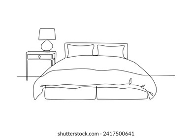 Single continuous line drawing stylish room with full furniture modern. Luxurious interior. Fully furnished. Bedroom. Hotel rooms. Very cozy rooms. Staycation. One line design vector illustration