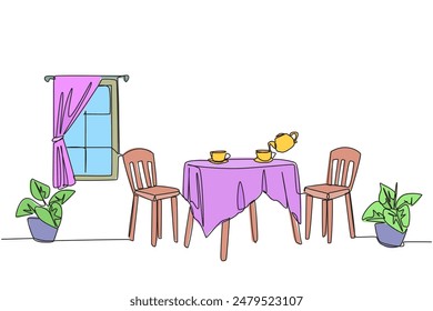 Single continuous line drawing stylish room with full furniture modern. Relaxing space for drinking tea or coffee. Scandinavian design interior. Simple minimalist. One line design vector illustration