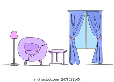 Single continuous line drawing stylish family room with full furniture modern. Scandinavian interior design. Minimalist interior with large opening and floor lamp. One line design vector illustration