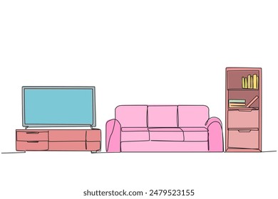 Habitación elegante de diseño de línea continua única con muebles completos modernos. Televisión enorme como medio de entretenimiento. Un lugar relajante para pasar tiempo los fines de semana. Ilustración vectorial de diseño de una línea