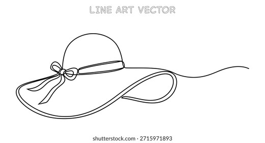 A single continuous line drawing of a stylish sun hat with a decorative bow. Minimalist design perfect for summer fashion, beach vacations, accessories. Simple black and white artwork. Vector Illustration
