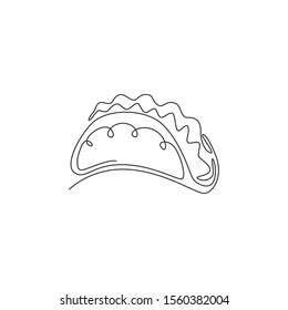 Single continuous line drawing of stylized Mexican tacos logo label. Emblem fast food nacho restaurant concept. Modern one line draw design vector illustration for cafe, shop or food delivery service
