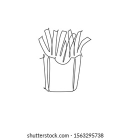 Single continuous line drawing of stylized french fries store logo label. Emblem fast food restaurant concept. Modern one line draw design vector illustration for cafe, shop or food delivery service