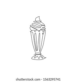 Single continuous line drawing of stylized fresh milkshake drink shop logo label. Emblem restaurant concept. Modern one line draw design vector illustration for cafe, store or food delivery service