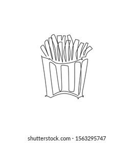 Single continuous line drawing of stylized french fries store logo label. Emblem fast food restaurant concept. Modern one line draw design vector illustration for cafe, shop or food delivery service