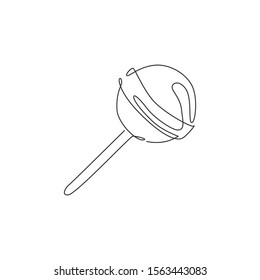 Single continuous line drawing of stylized round lollipop candy shop logo label. Emblem confectionery store concept. Modern one line draw design vector graphic illustration for snacks delivery service