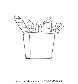 Single continuous line drawing of stylized paper grocery bag with baguette, bread, milk and vegetable inside. Staple food concept. Modern one line draw design vector illustration for grocery shop logo