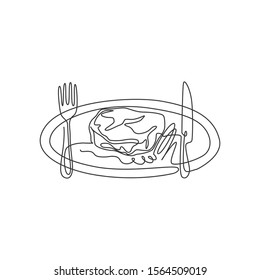 Single continuous line drawing of stylized rosemary steak on plate with knife and fork. Steak restaurant logo concept. Modern one line draw design vector graphic illustration