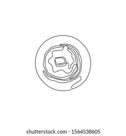 Single continuous line drawing of stylized sweet pancake from top view logo label. Emblem restaurant concept. Modern one line draw design vector illustration for cafe, shop or food delivery service