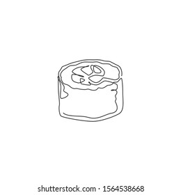 Single continuous line drawing of stylized Japanese maki sushi bar logo label. Emblem sea food restaurant concept. Modern one line draw design vector illustration for shop or food delivery service
