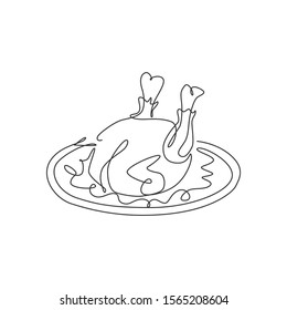 Single continuous line drawing of stylized delicious roasted turkey for restaurant menu. Typical food for holiday festival celebration concept. Modern one line draw design graphic vector illustration