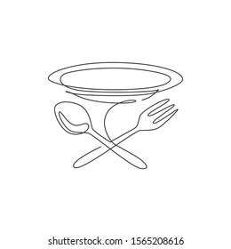 Single continuous line drawing stylized plate  fork   spoon for cafe logo label  Emblem elegant restaurant concept  Modern one line draw design vector graphic illustration for food delivery service