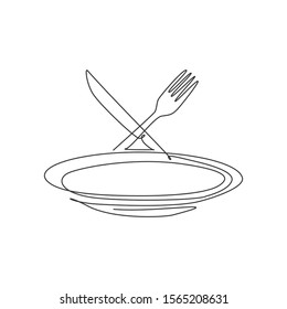 Single continuous line drawing of stylized empty plate fork and knife logo label. Luxury restaurant emblem art concept. Modern one line draw design vector graphic illustration for cafe shop