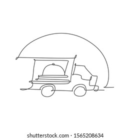 Single continuous line drawing of stylized truck box car with tray cover cloche for food delivery service logo label. Restaurant food delivery concept. Modern one line draw design vector illustration 