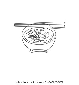Single continuous line drawing of stylized Japanese ramen logo label. Emblem fast food noodle restaurant concept. Modern one line draw design vector illustration for cafe shop or food delivery service