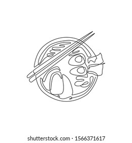 Single continuous line drawing of stylized Japanese ramen logo label, top view. Fast food noodle restaurant concept. Modern one line draw design vector illustration for cafe or food delivery service