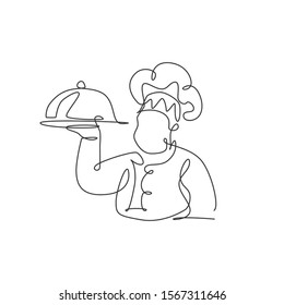 Single continuous line drawing of stylized man chef serving food for restaurant logo label. Food cafe mascot concept. Modern one line draw design vector graphic illustration for food delivery service