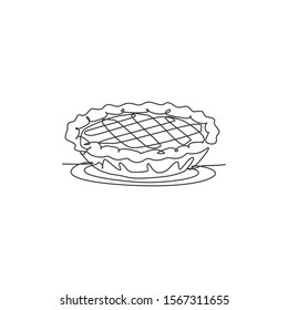 Single Continuous Line Drawing Of Stylized Delicious Apple Pie For Cake Logo Art Label. Pastry Shop Concept. Modern One Line Draw Design Vector Graphic Illustration Cake Food Service