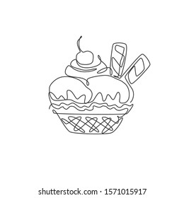 Single continuous line drawing of stylized ice cream cup with cherry topping logo label. Sweet frozen dessert concept. Modern one line draw design vector graphic illustration for snack cafe shop