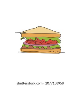 Single continuous line drawing of stylized sandwich logo label. Emblem fast food hot dog restaurant concept. Modern one line draw design vector illustration for cafe, shop or food delivery service