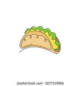 Single continuous line drawing of stylized Mexican tacos logo label. Emblem fast food nacho restaurant concept. Modern one line draw design vector illustration for cafe, shop or food delivery service