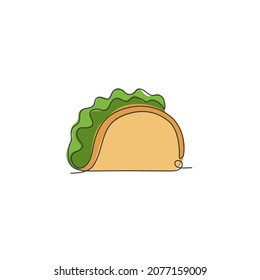 Single continuous line drawing of stylized Mexican taco logo label. Emblem fast food nacho restaurant concept. Modern one line draw design vector illustration for cafe, shop or food delivery service
