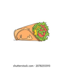 Single continuous line drawing of stylized Mexican burritos shop logo label. Emblem taco fast food restaurant concept. Modern one line draw design vector illustration for cafe or food delivery service
