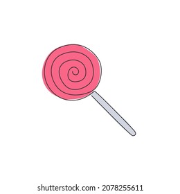 Single continuous line drawing of stylized spiral lollipop candy shop logo label. Emblem sweet confectionery store concept. Modern one line draw design vector illustration for snack delivery service