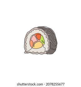 Single continuous line drawing of stylized Japanese maki sushi bar logo label. Emblem fresh food restaurant concept. Modern one line draw design vector illustration for shop or food delivery service