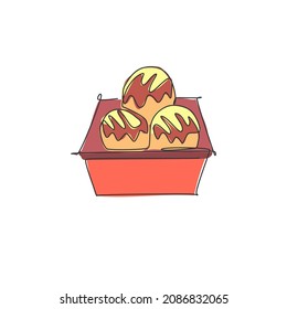 Single continuous line drawing of stylized Japanese takoyaki ball logo label. Emblem seafood restaurant concept. Modern one line draw design vector illustration for cafe, shop or food delivery service