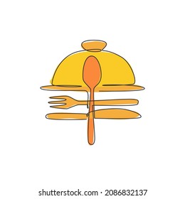 Single continuous line drawing of stylized food tray cover cloche for cafe for logo label. Elegant restaurant concept. Modern one line draw design vector illustration for food delivery service icon