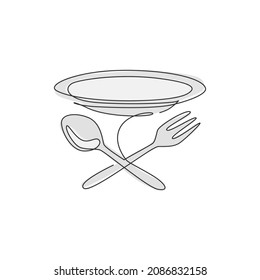 Single continuous line drawing stylized plate, fork and spoon for cafe logo label. Emblem elegant restaurant concept. Modern one line draw design vector graphic illustration for food delivery service