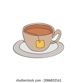 Single continuous line drawing of stylized cup of tea with teabag and drink coasters. Emblem tea shop logo concept. Modern one line draw design vector graphic illustration for cafe and beverage store