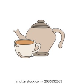 Single continuous line drawing of stylized clay ceramic teapot and porcelain cup of tea. Emblem beverage store concept. Modern one line draw design vector graphic illustration for cafe and drink shop