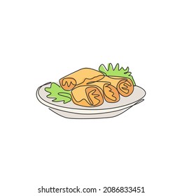 Single continuous line drawing of stylized Chinese spring roll on plate logo label. Asian restaurant concept. Modern one line draw design vector illustration for cafe, shop or food delivery service