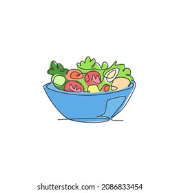 Single continuous line drawing of stylized vegetables salad on bowl logo label. Healthy food restaurant concept. Modern one line draw design vector illustration for cafe, shop or food delivery service