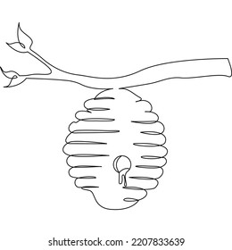 Single continuous line drawing of stylized bee hive with sweet honey drip from honeycomb. Natural healthy food concept. Modern one line draw design vector graphic illustration for organic supplement