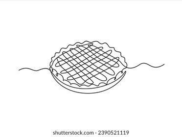 Single continuous line drawing of stylized delicious apple pie for cake logo art label. Pastry shop concept. Modern one line draw design vector graphic illustration cake food service