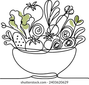 Single continuous line drawing of stylized vegetables salad on bowl. vector illustration