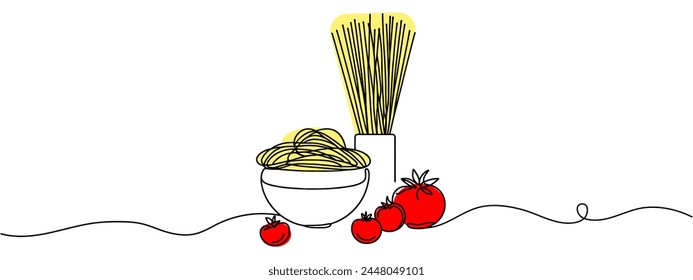 Dibujo de una sola línea continua de la etiqueta estilizada del logotipo del espagueti italiano. Concepto de restaurante de fideos de pasta de Italia. Moderna Ilustración vectorial de diseño de dibujo de una línea para café, tienda o servicio de entrega de alimentos