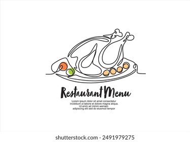 Dibujo de una sola línea continua de delicioso pavo asado estilizado para el menú del restaurante. Comida típica para el concepto de celebración de festivales. Ilustración vectorial gráfica moderna de diseño de una línea