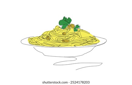 Dibujo de línea continua única de la etiqueta estilizada del logotipo italiano de espagueti. Concepto de restaurante de fideos de pasta de Italia. Ilustración para cafetería, tienda o servicio de entrega de alimentos. Vector hecho a mano, no IA.