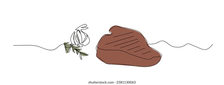 Single continuous line drawing of stylized rosemary steak on plate with garlic. Steak restaurant logo concept. Modern one line draw design vector graphic illustration. Hand made vector not AI.