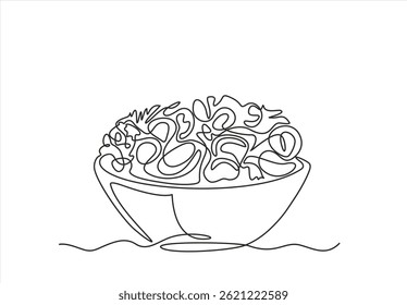 Dibujo de línea continua única de ensalada de verduras estilizada en la etiqueta del logotipo del tazón. Concepto de restaurante de comida saludable. Moderna Ilustración vectorial de diseño de dibujo de una línea para café, tienda o servicio de entrega de alimentos
