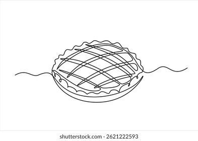 Single continuous line drawing of stylized delicious apple pie for cake logo art label. Pastry shop concept. Modern one line draw design vector graphic illustration cake food service
