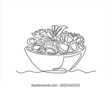 Single continuous line drawing of stylized vegetables salad on bowl logo label. Healthy food restaurant concept. Editable stroke.. Vector illustration for cafe, shop or food delivery service. 