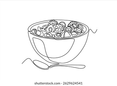 Single continuous line drawing of stylized vegetables salad on bowl logo label. Healthy food restaurant concept. Editable stroke.. Vector illustration for cafe, shop or food delivery service	