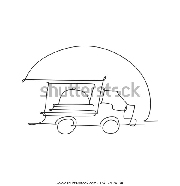 Single continuous line drawing of stylized truck box car\
with tray cover cloche for food delivery service logo label.\
Restaurant food delivery concept. Modern one line draw design\
vector illustration 