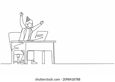 Single continuous line drawing success in work, winning online, technology concept. Female stands in office with hand raised opposite computer screen celebrating success. One line draw design vector